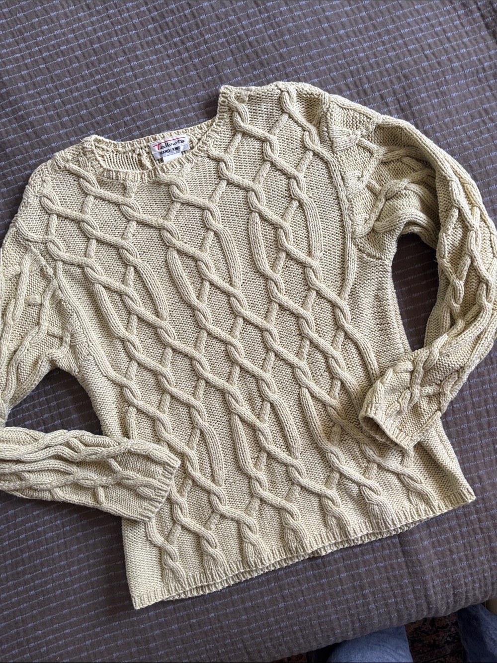 Vintage 90s Talbots Hand Knit Yellow Cream Cable Knit Sweater 100% Cotton Sz Lg